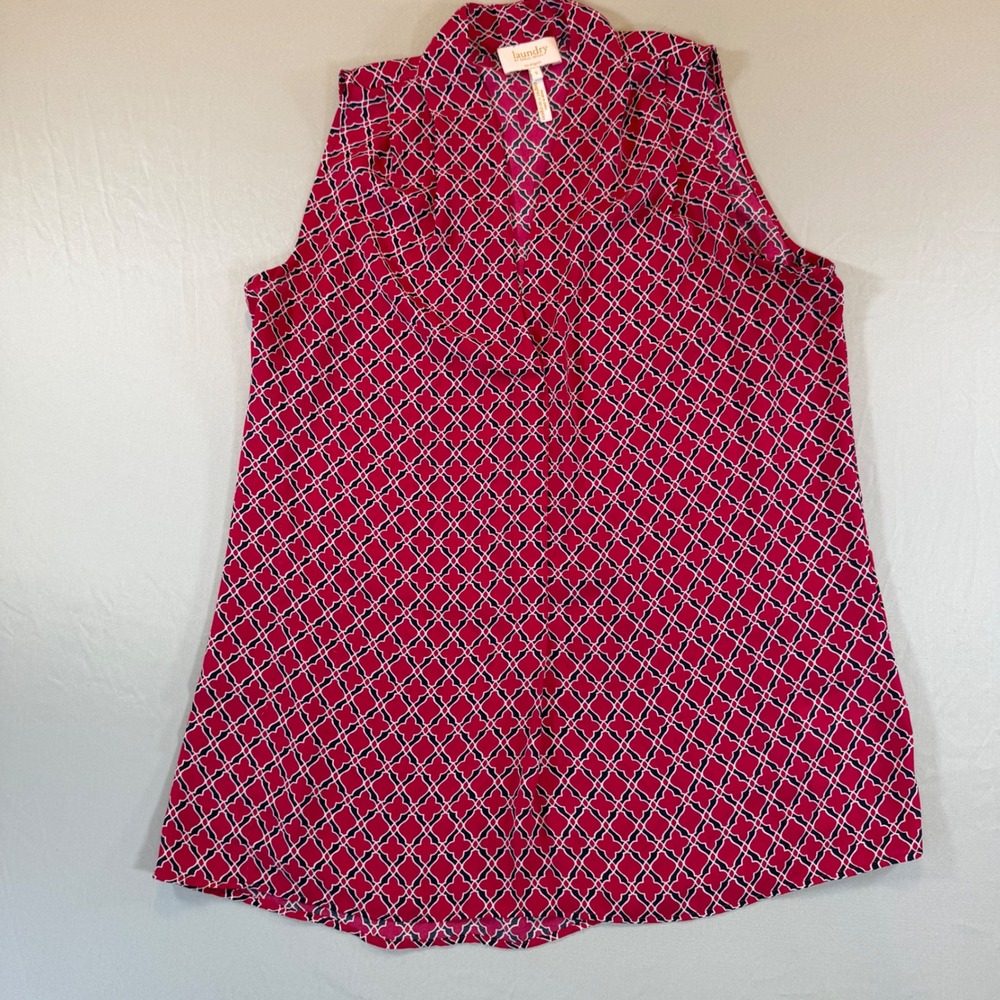 Laundry by Shelli Segal Pink Navy Geometric Sleeveless V-Neck Blouse Small TJ658